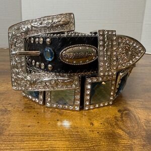 ATLAS Rhinestone Western Bling Belt Size 30-35 Black Embellished Silver Buckle